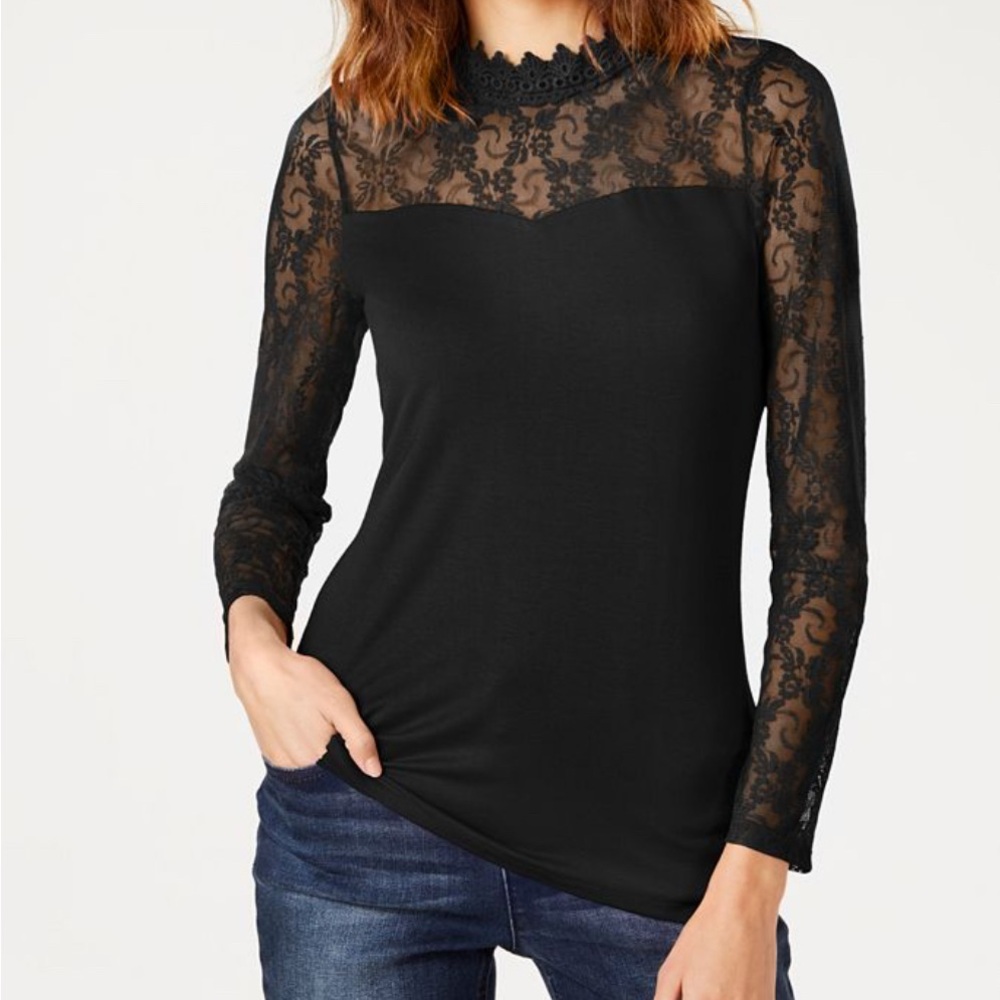 INC International Concepts Black Fitted Lace Blouse